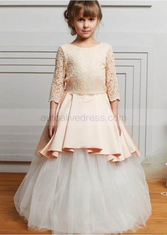 Three Quarter Sleeves Peach Lace Satin Peplum Long Flower Girl Dress Three Quarter Sleeves Peach Lace Satin Peplum Long Flower Girl Dress